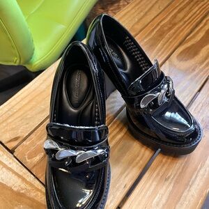 Black Patent Leather Loafers with Silver Chain